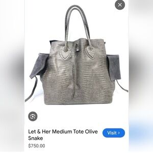 LET & HER Grey/Olive Snake Print Leather Tote Bag